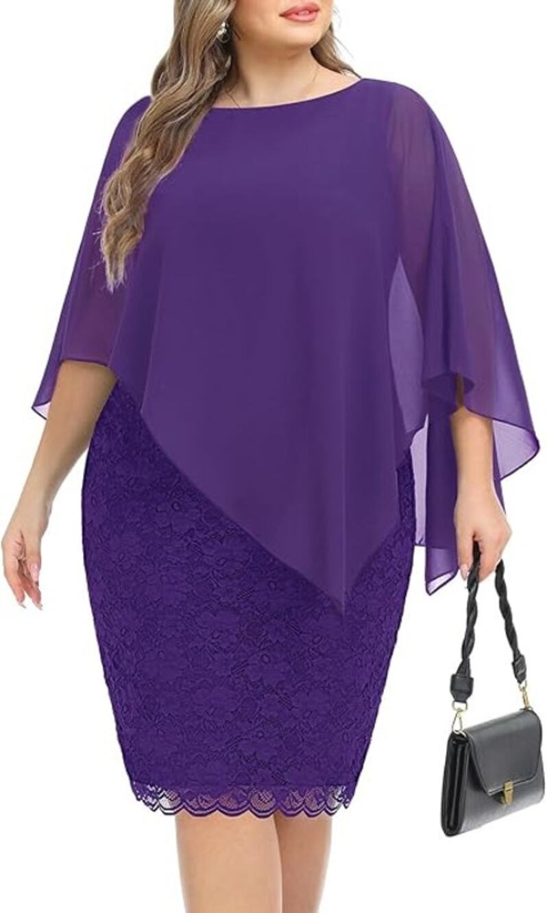 NWT Pinup Fashion Cape Bodycon Lace Dress Womens Plus 16 Purple Chiffon Overlay